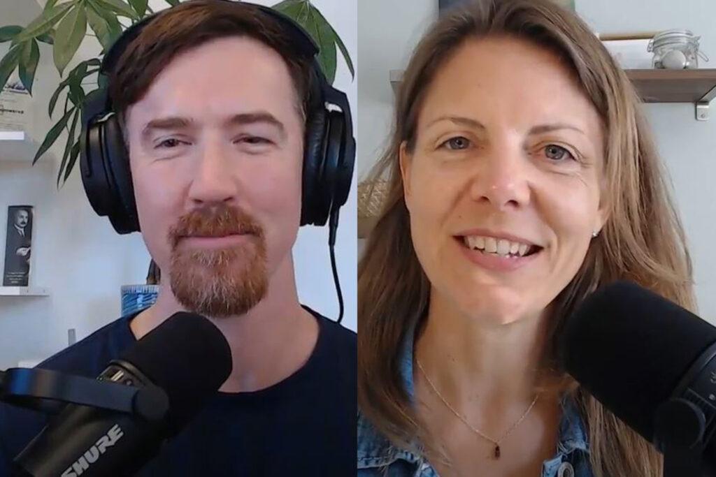 Empowered Ventures CEO Chris Fredericks is pictured on the left hosting the Empowered Owners Podcast with his guest and EV Chief of Staff Emily Bopp on the right.